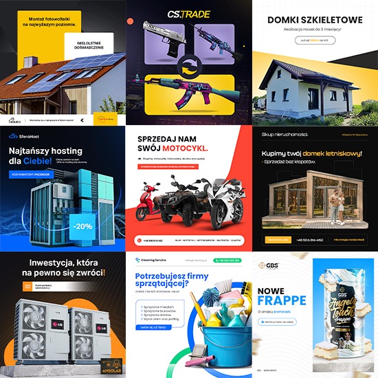 Kolaż reklamowy z dziewięcioma miniaturkami: panele fotowoltaiczne na dachu, animowane bronie, dom szkieletowy, serwerownia, motocykle, domek letniskowy, klimatyzatory, usługi sprzątania i napój...