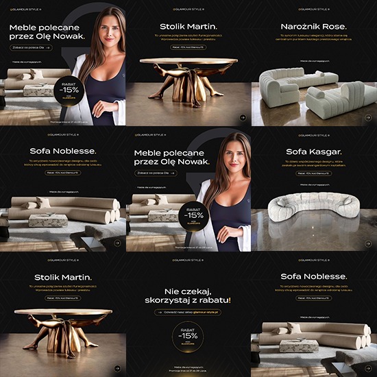Kolaż reklamowy mebli Glamour Style z Częstochowy, prezentujący sofy Noblesse i Kasgar, narożnik Rose oraz stoliki Martin, z hasłem o rabacie -15% i rekomendacją Oli Nowak.