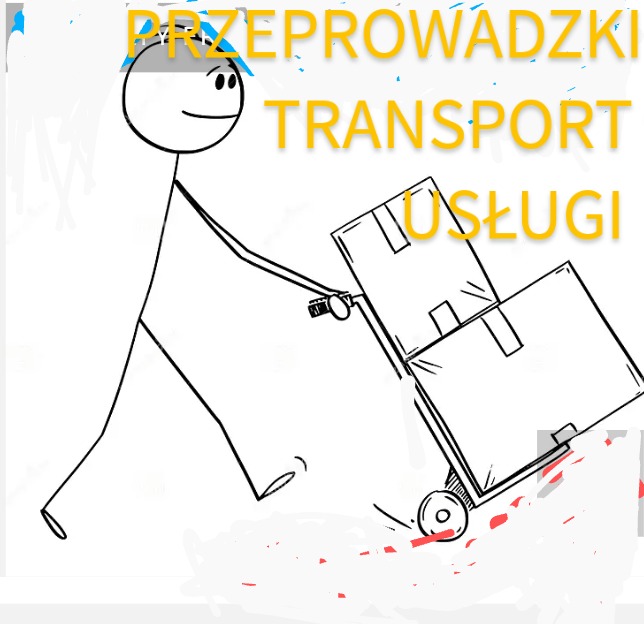 Uproszczony rysunek przedstawiający postać pchającą wózek z dwoma kartonami, z napisem 'PRZEPROWADZKI TRANSPORT USŁUGI' w górnej części obrazu.
