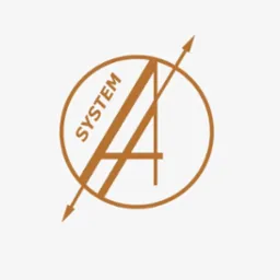 Minimalistyczne logo firmy IT w odcieniach brązu: okrąg z wpisaną literą 'A' przeciętą strzałką, nad literą napis 'SYSTEM'.