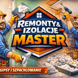 Mateusz brzeń - Grafika: Dwóch uśmiechniętych mężczyzn w kaskach, jeden szpachluje ścianę, drugi montuje płytę gipsową do sufitu. Napis: Remonty & Izolacje Master, Regipsy i Szpachlowanie.
