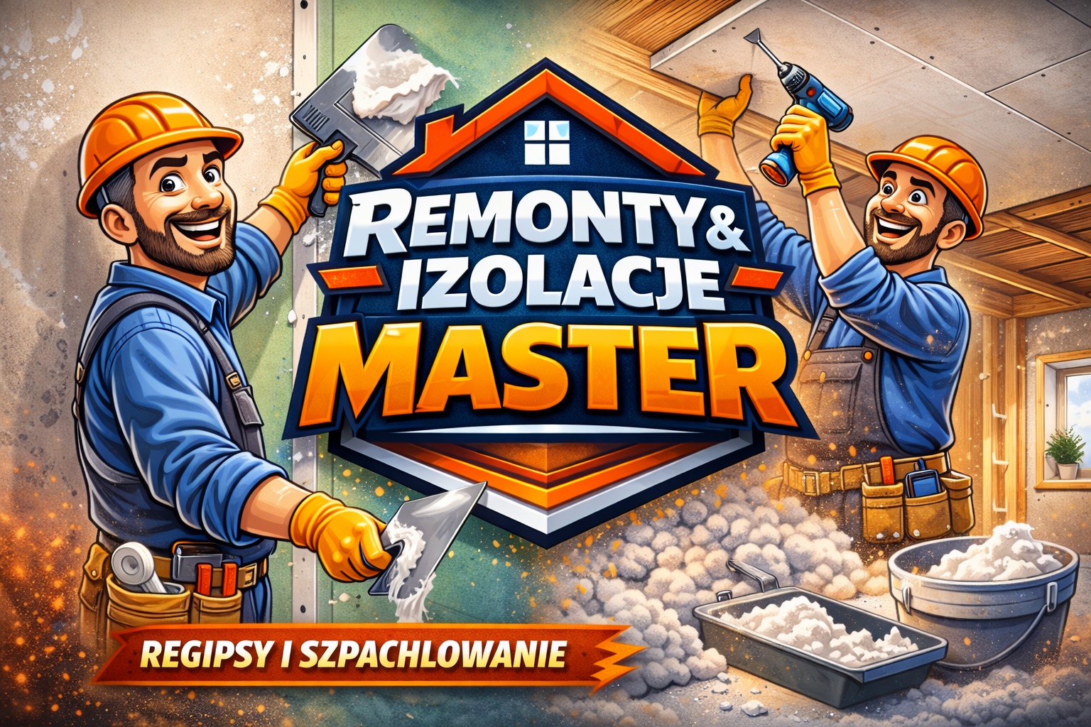 Grafika: Dwóch uśmiechniętych mężczyzn w kaskach, jeden szpachluje ścianę, drugi montuje płytę gipsową do sufitu. Napis: Remonty & Izolacje Master, Regipsy i Szpachlowanie.