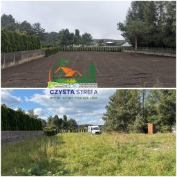 Czysta Strefa Mateusz Wójcik - Zdjęcie 'przed i po' pielęgnacji ogrodu: zaniedbany trawnik z wysoką trawą kontra świeżo przekopana ziemia, gotowa pod zasiew. W tle ogrodzenie i zieleń drzew.