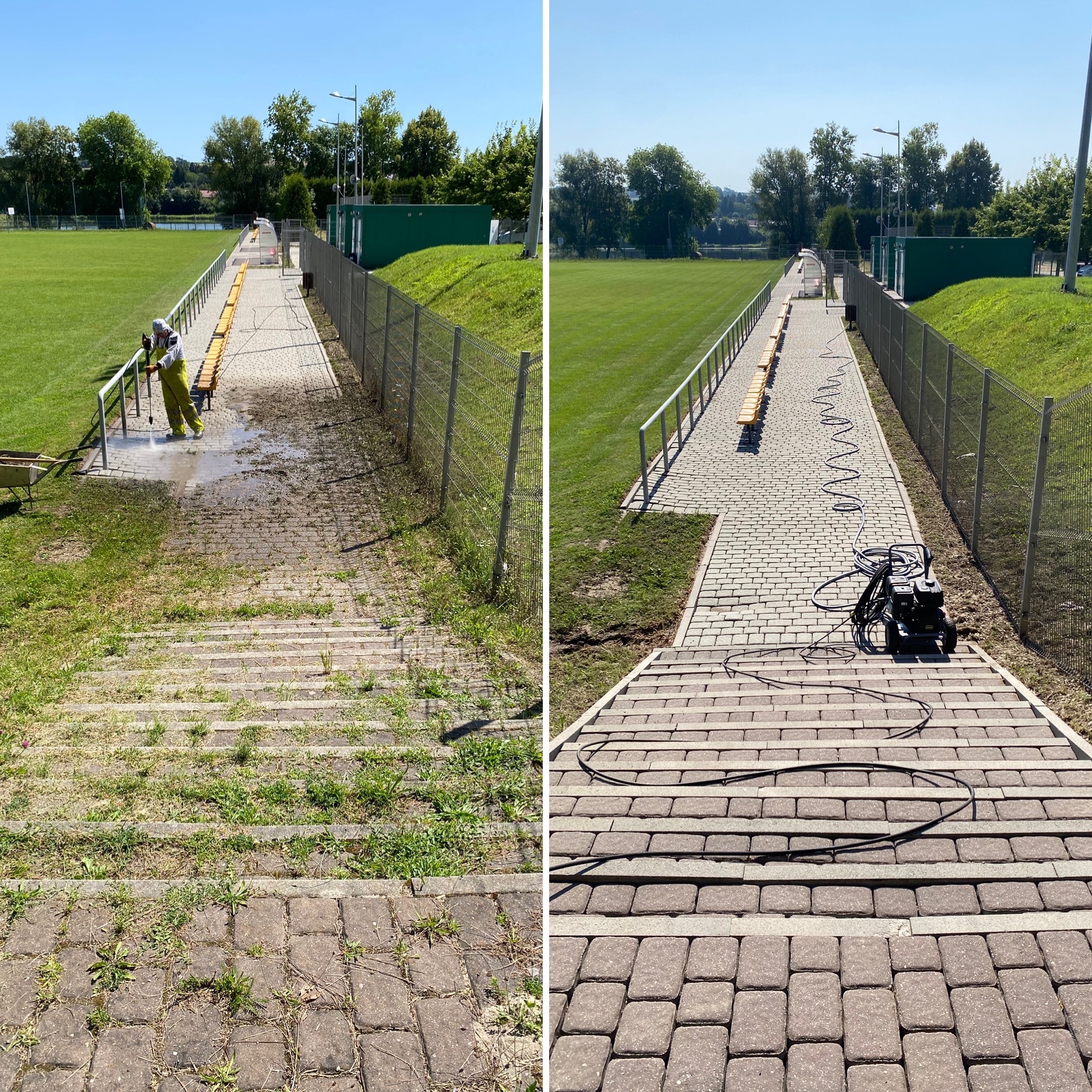 Zdjęcie 'przed i po' mycia ciśnieniowego kostki brukowej na schodach i chodniku, z widocznym pracownikiem w kombinezonie i sprzętem do czyszczenia.