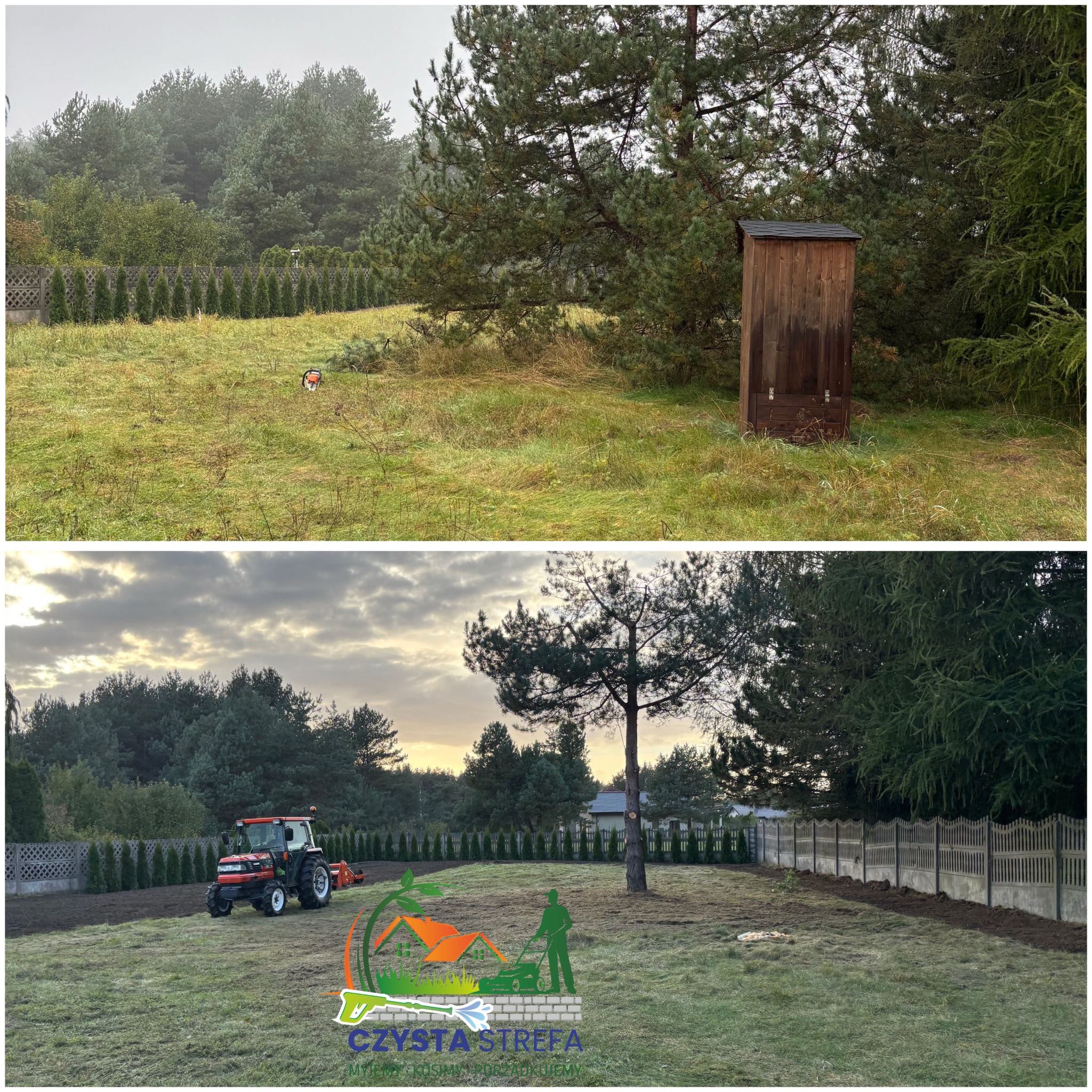 Zdjęcie 'przed i po' ukazujące transformację ogrodu: zaniedbany teren z chwastami i drewnianą toaletą kontra wyrównana ziemia z traktorem i świeżo posianą trawą.