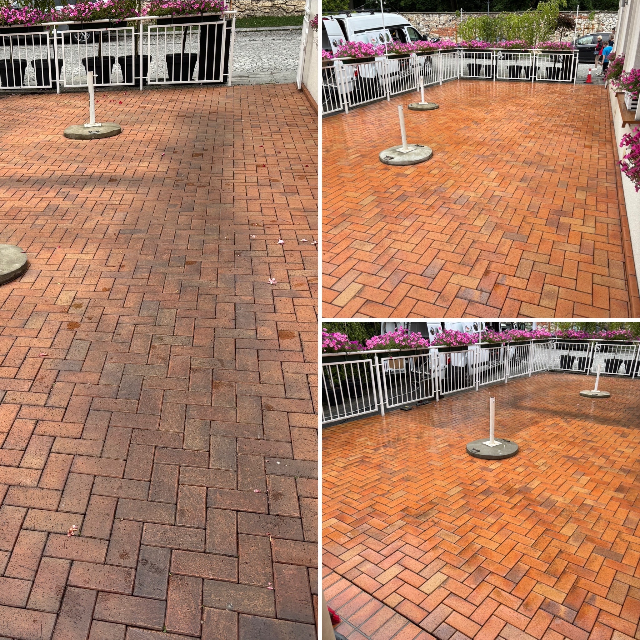 Kostka brukowa ułożona w jodełkę, widok przed i po czyszczeniu. Po prawej stronie kostka jest czysta i mokra, po lewej brudna i sucha. Widoczne kwiaty w donicach.