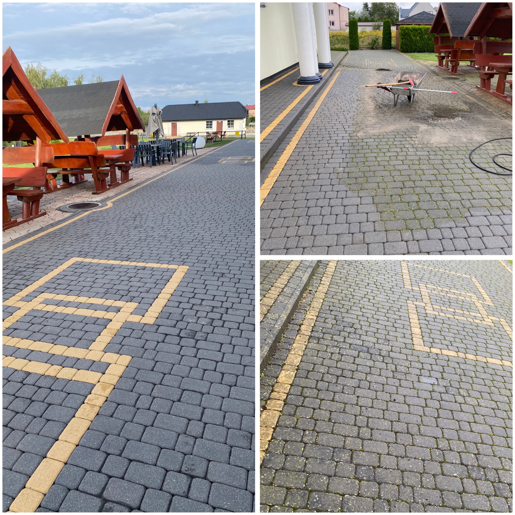 Kostka brukowa po czyszczeniu, z żółtymi liniami i wyznaczonymi miejscami parkingowymi. Widoczne altany i budynek w tle. Część kostki jeszcze zabrudzona.