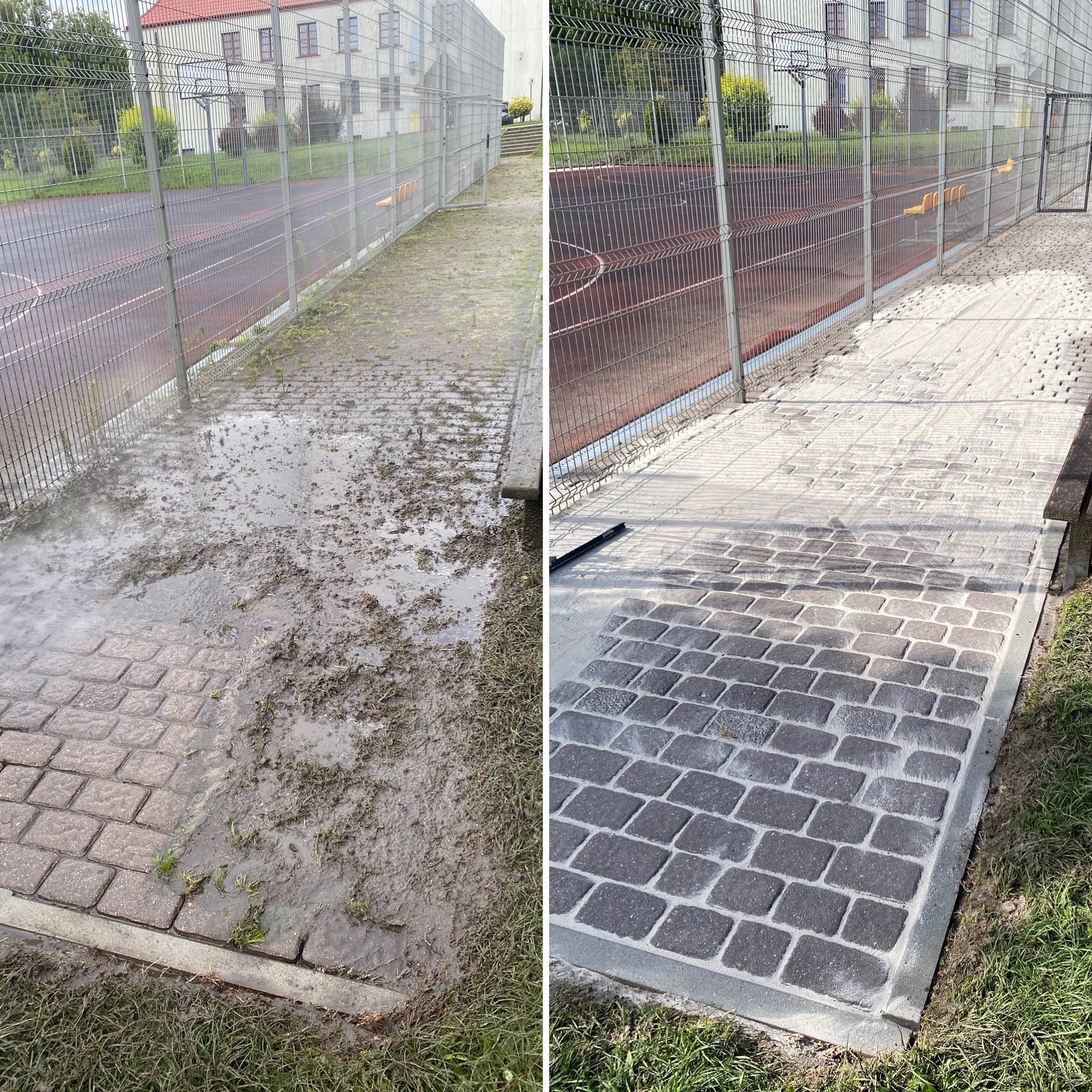 Kostka brukowa przed i po czyszczeniu. Lewa strona zabrudzona, prawa czysta. Widoczne ogrodzenie boiska i budynek w tle. Efekt 'przed i po' na pierwszym planie.