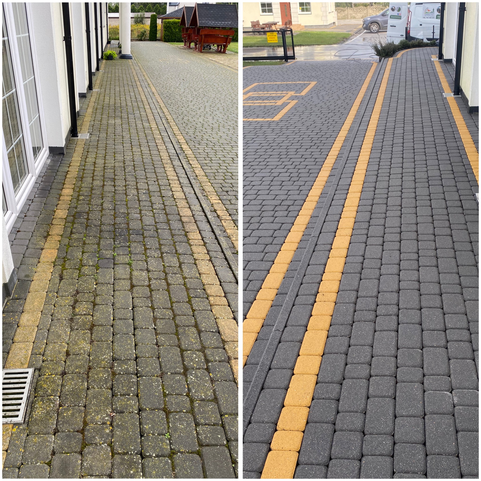 Efekt mycia kostki brukowej: porównanie stanu przed i po czyszczeniu. Po lewej kostka zabrudzona mchem, po prawej czysta, szara kostka z żółtymi akcentami.