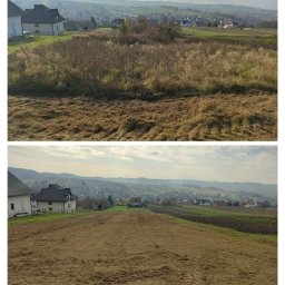 FAN AUTO SERWIS Kamil Rajca - Działka przed i po skoszeniu trawy z widokiem na zabudowania mieszkalne. Porównanie stanu zaniedbanego i uporządkowanego terenu. Efekt usługi koszenia trawy.