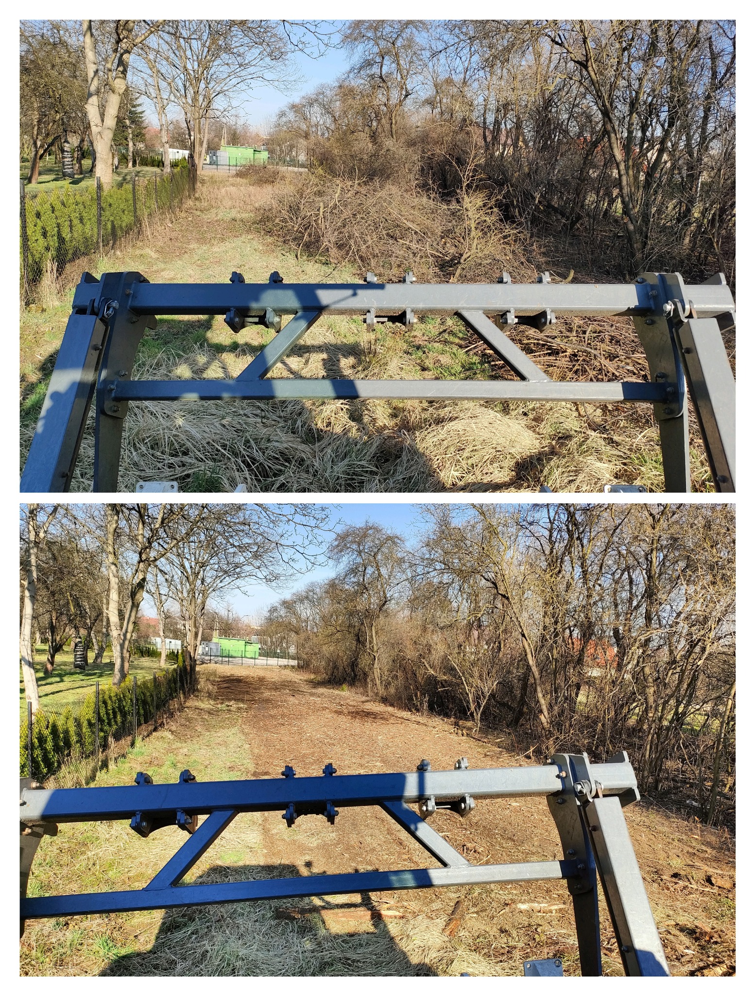 Zdjęcie 'przed i po' wycinki krzewów i drzew przy użyciu specjalistycznego sprzętu, ukazujące różnicę w krajobrazie po wykonanej usłudze.