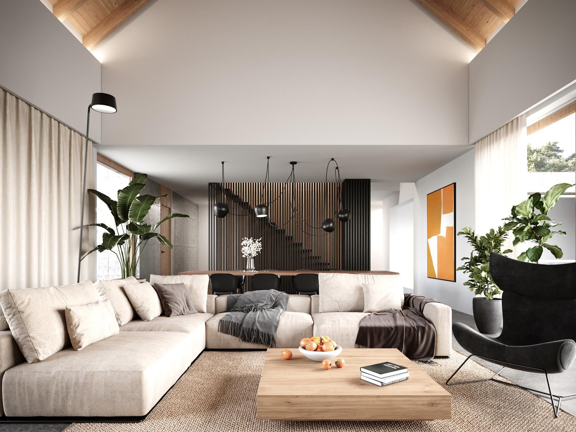 Jasny salon z narożną sofą, drewnianym stolikiem kawowym z owocami i książkami, oraz designerskim fotelem na tle drewnianej ażurowej ścianki i schodów.