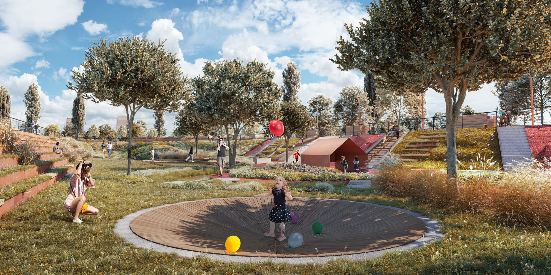 Wizualizacja projektu zagospodarowania terenu rekreacyjnego z drewnianym podestem, schodami terenowymi i bawiącymi się dziećmi.