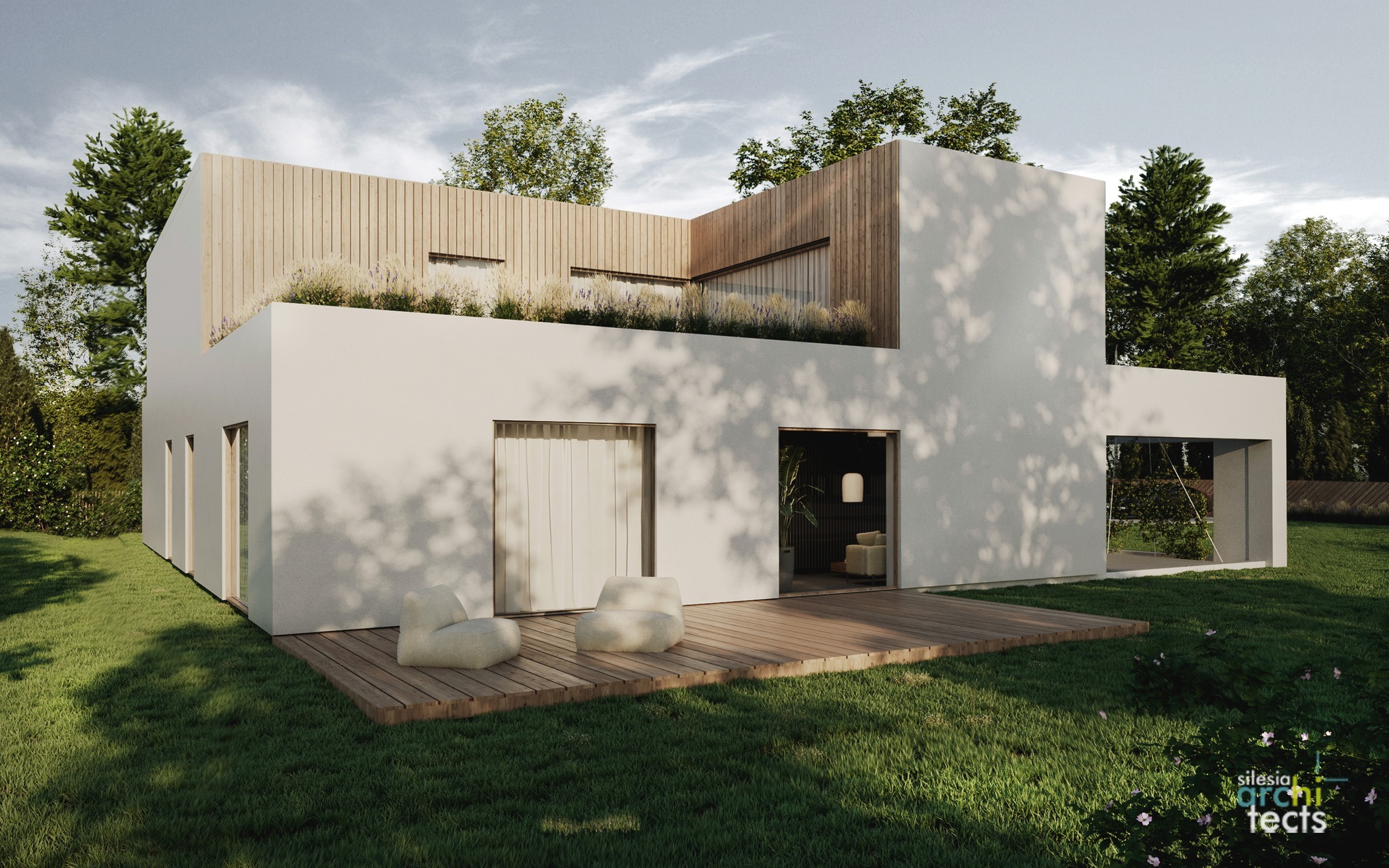 Wizualizacja nowoczesnego, dwukondygnacyjnego domu z płaskim dachem, drewnianą elewacją na górnej kondygnacji i roślinnością na dachu, z drewnianym tarasem i dwoma pufami na trawniku.