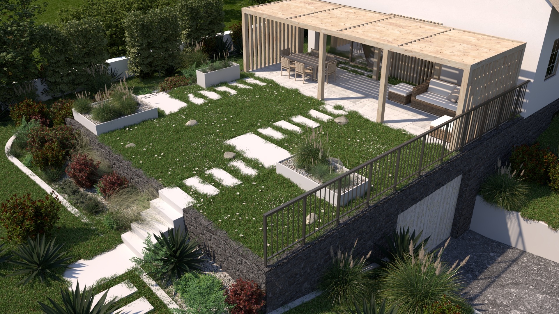 Wizualizacja ogrodu z drewnianą pergolą, ścieżką z płyt i roślinami ozdobnymi w donicach, widok z góry.