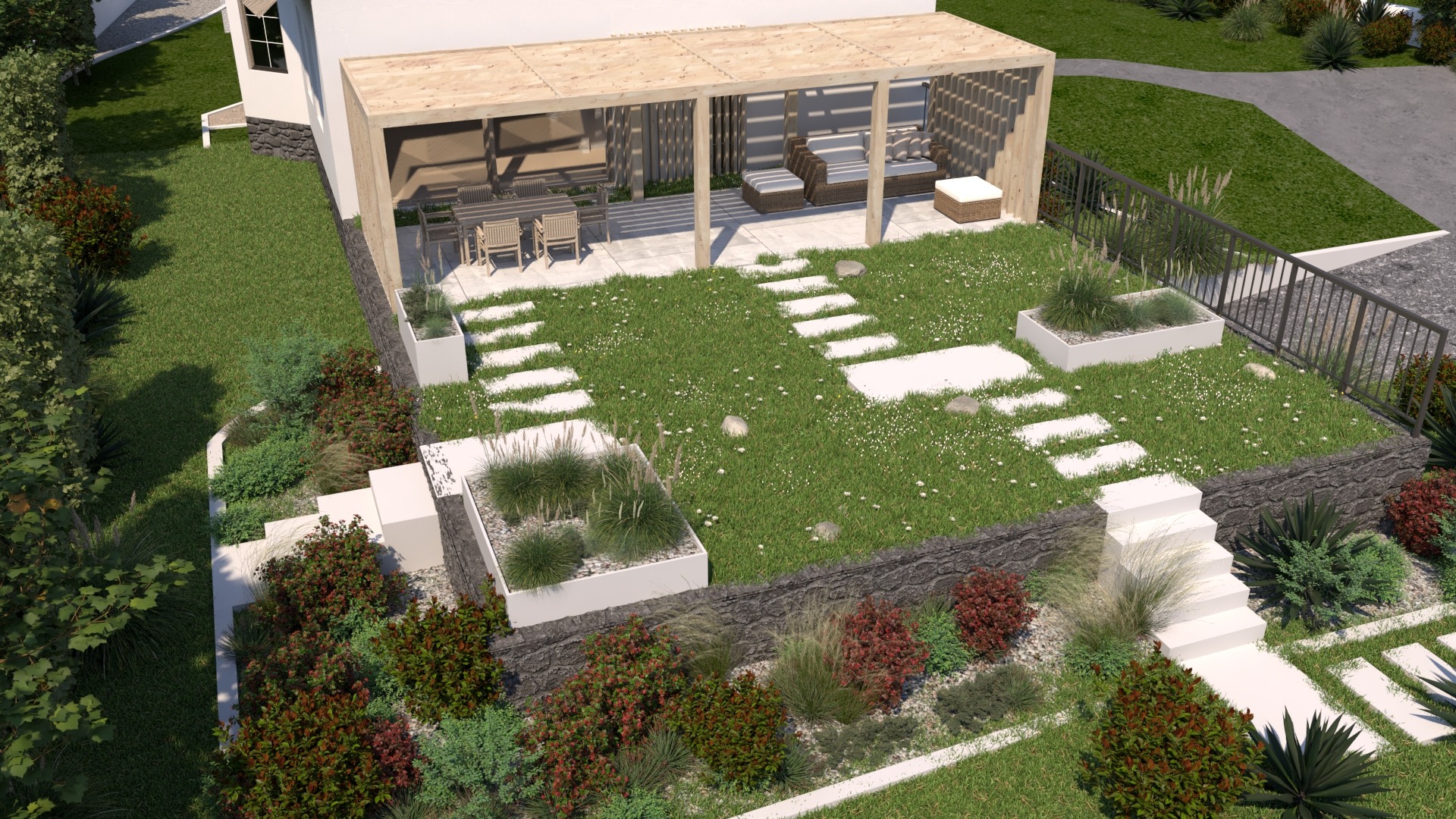 Wizualizacja ogrodu z pergolą, meblami wypoczynkowymi, ścieżką z białych płyt, podwyższonymi rabatami z roślinami ozdobnymi i schodami.