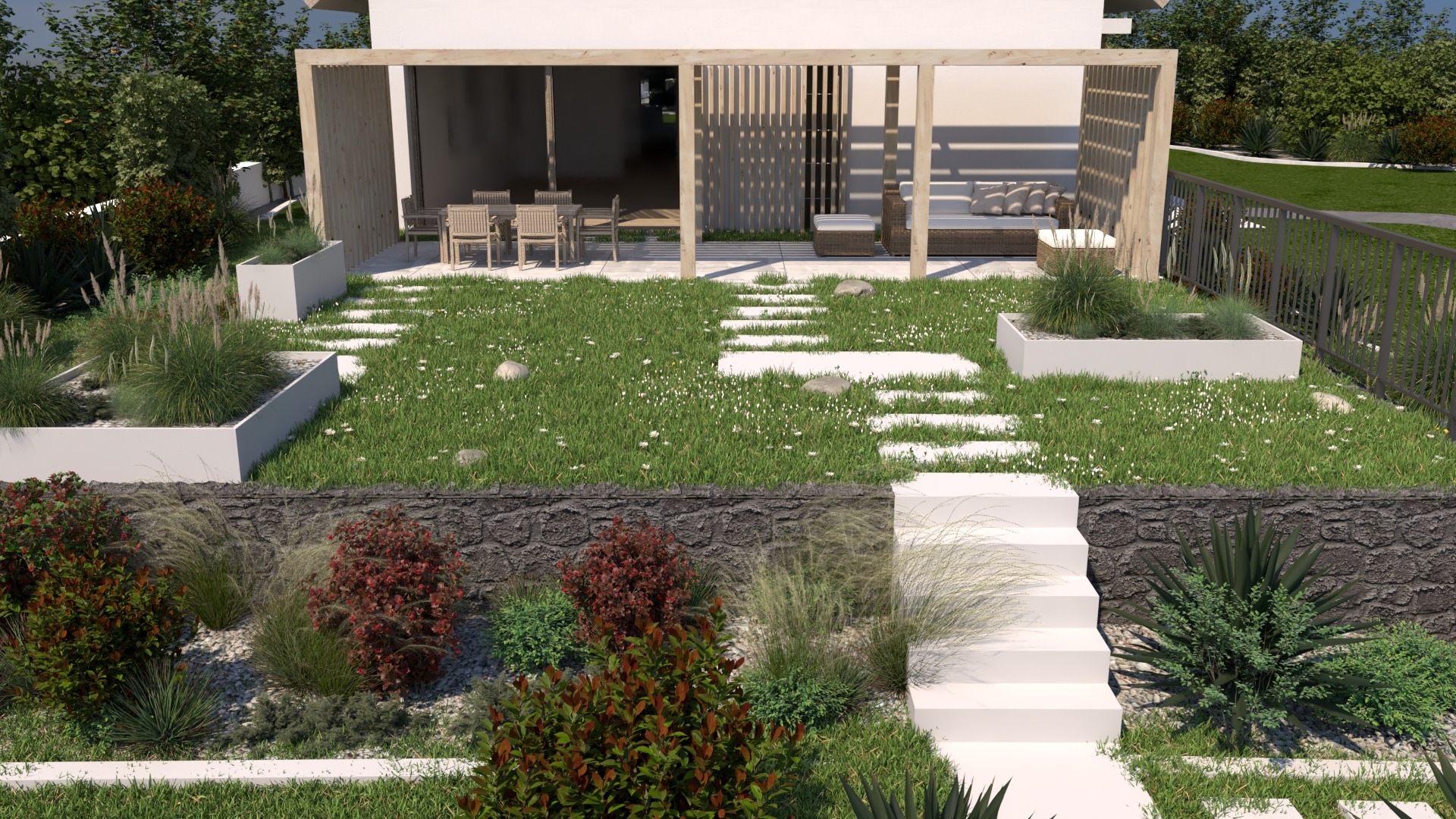 Wizualizacja ogrodu z tarasem, schodami z białych płyt, rabatami w podwyższonych donicach i ścieżką z kamiennych płyt na trawniku z białymi kwiatami.