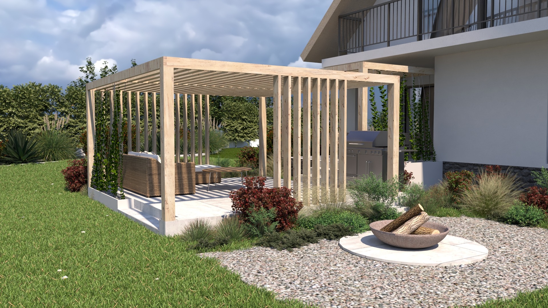 Wizualizacja tarasu z drewnianą pergolą, rattanowymi meblami ogrodowymi i paleniskiem na tle nowoczesnego domu z balkonem.