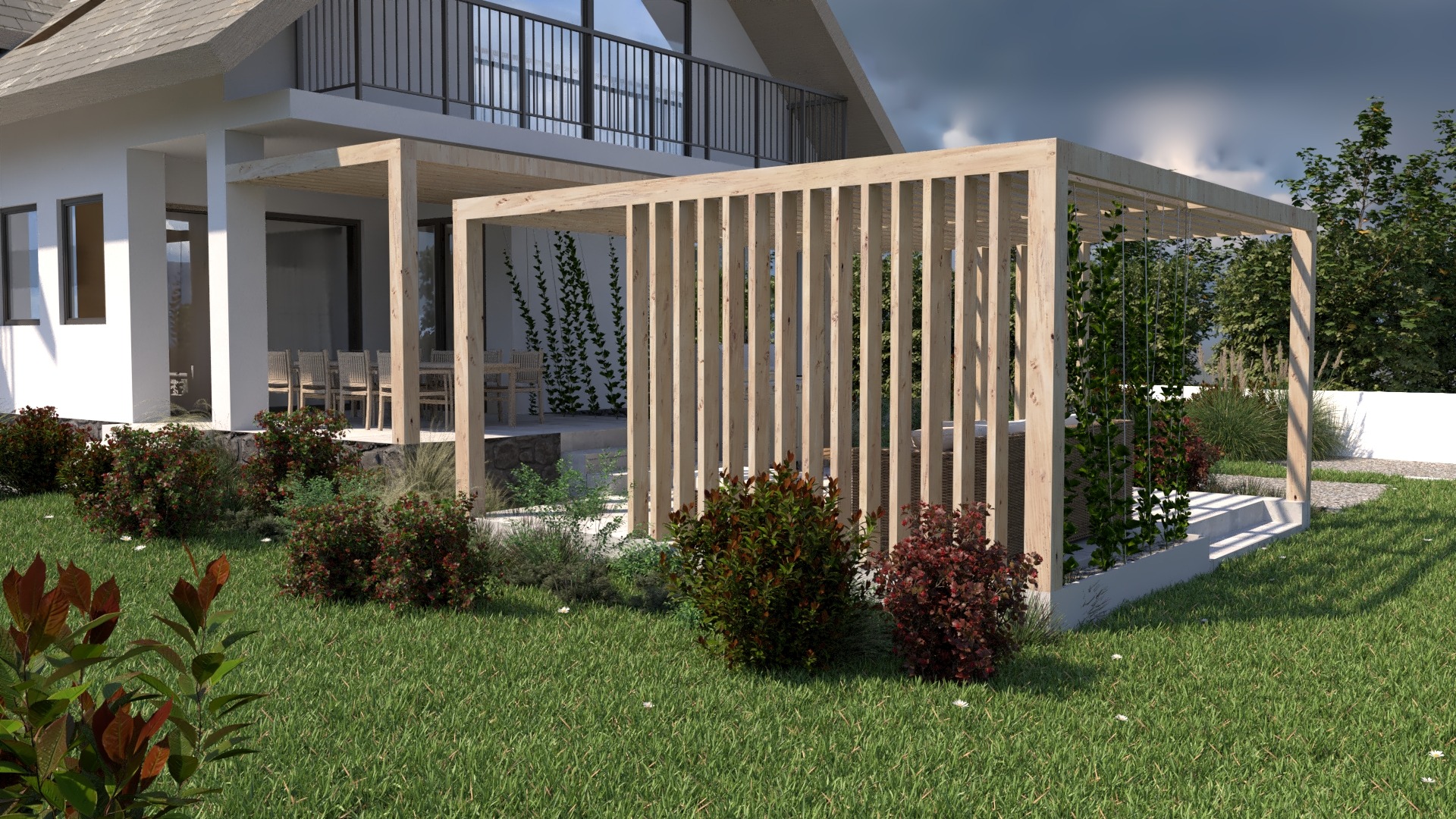 Wizualizacja drewnianej pergoli z pionowymi listwami, częściowo porośniętej pnączami, na tle nowoczesnego domu z balkonem i zadbanym trawnikiem z krzewami.