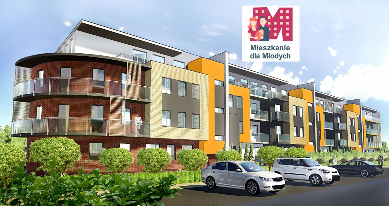 Wizualizacja nowoczesnego, wielorodzinnego budynku z balkonami, z logo 'Mieszkanie dla Młodych', z zaparkowanymi samochodami i zielenią na pierwszym planie.