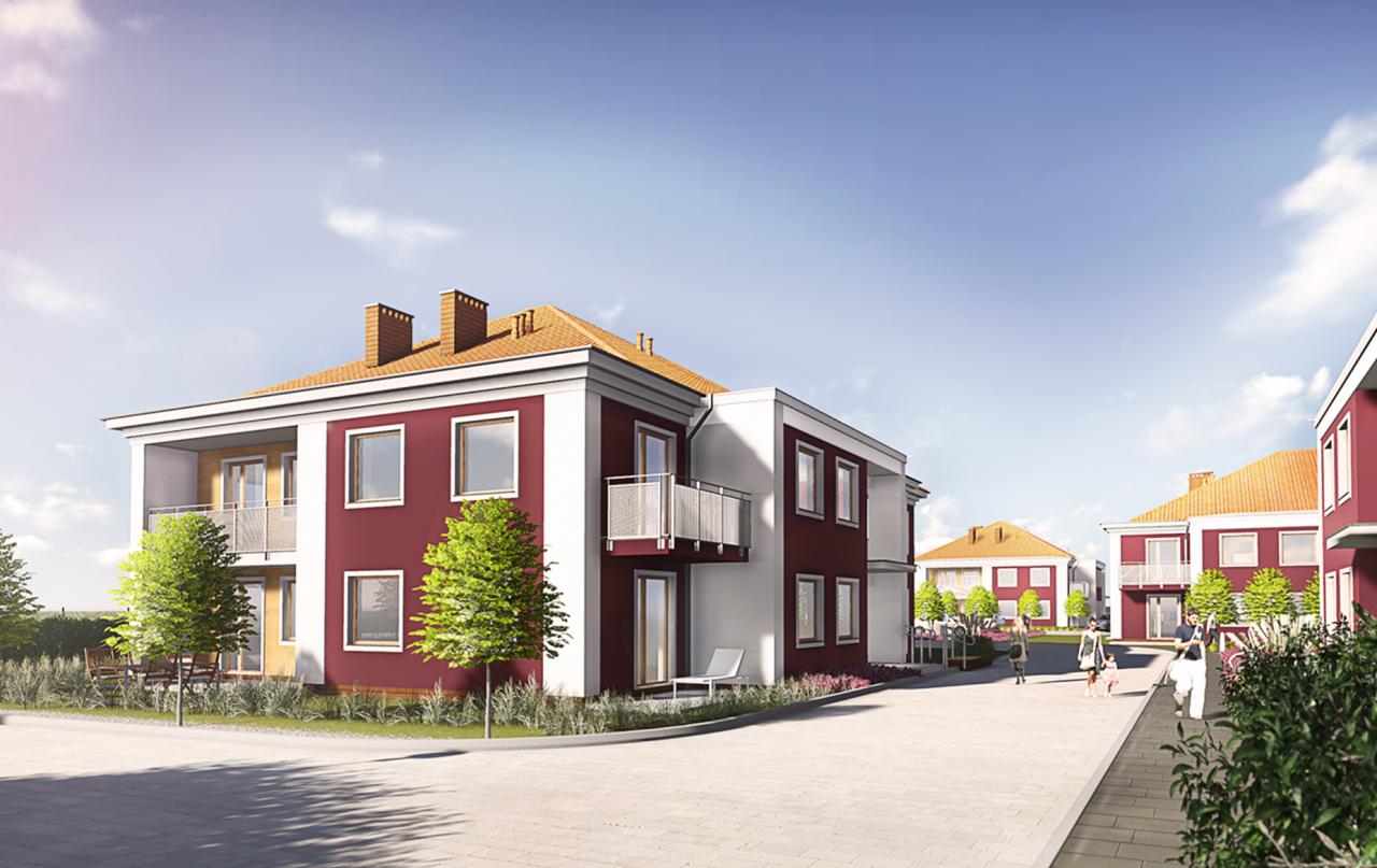 Wizualizacja osiedla z dwukondygnacyjnymi budynkami w kolorach bordo i bieli, z balkonami i jasną kostką brukową na dziedzińcu.