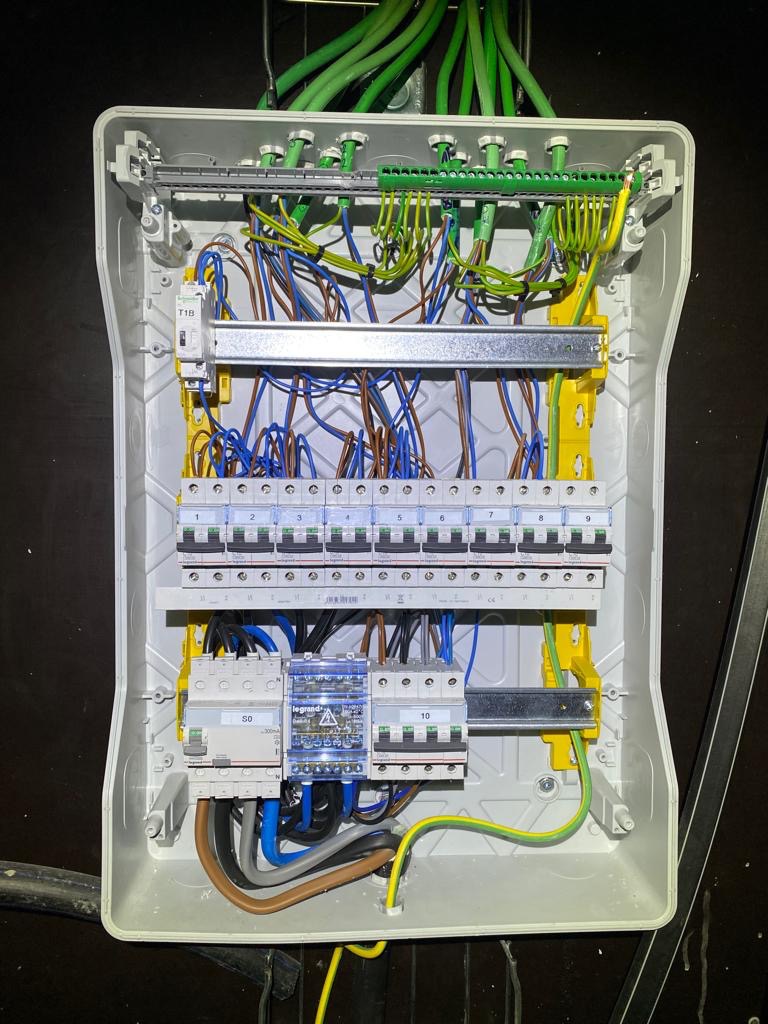 Otwarta skrzynka rozdzielcza z bezpiecznikami, przewodami w różnych kolorach (zielony, niebieski, brązowy) i listwami zaciskowymi, widoczne elementy marki Legrand.