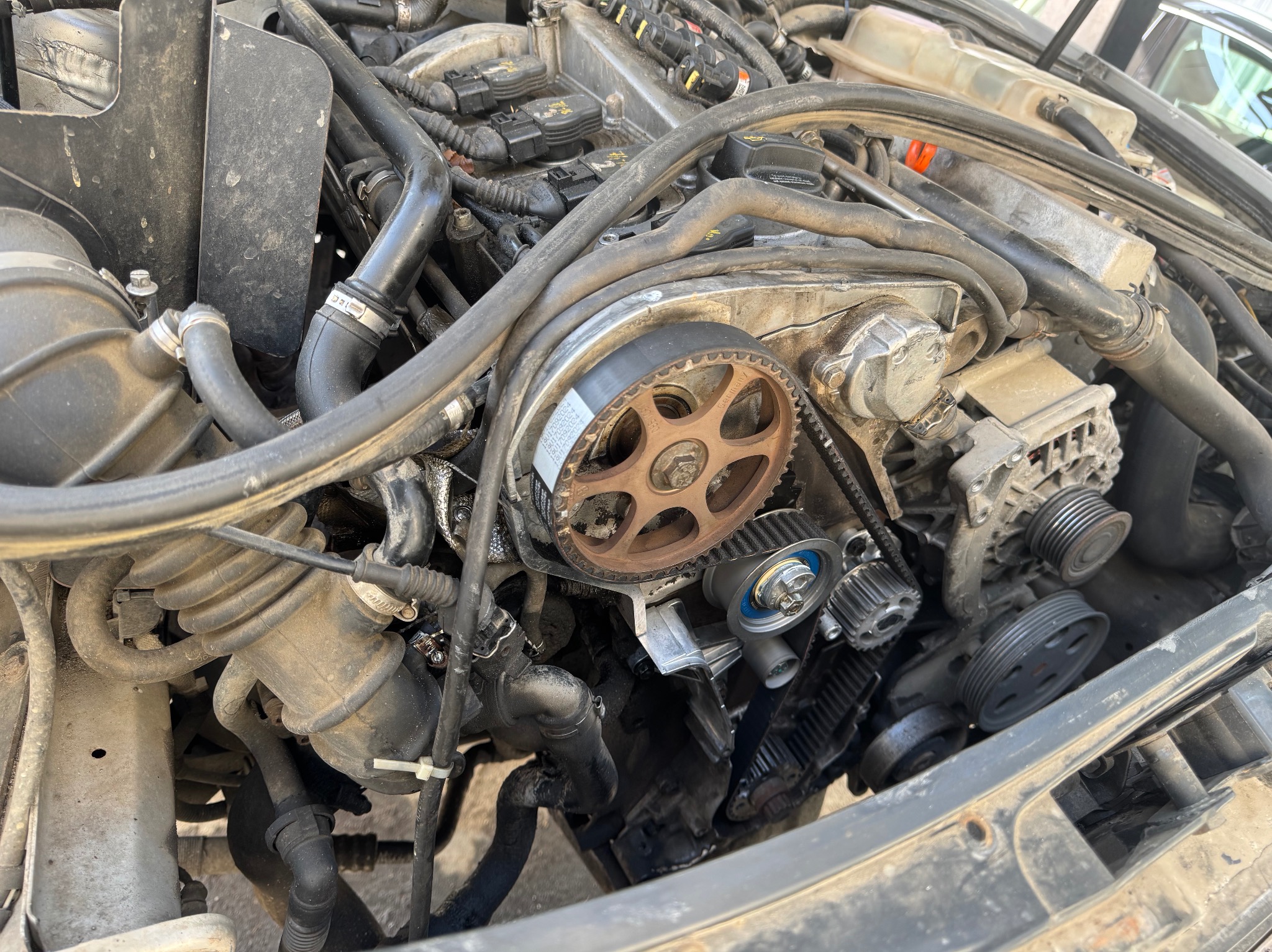 Otwarty silnik samochodowy z widocznym rozrządem, paskiem zębatym i kołami pasowymi w zbliżeniu, elementy lekko zabrudzone.