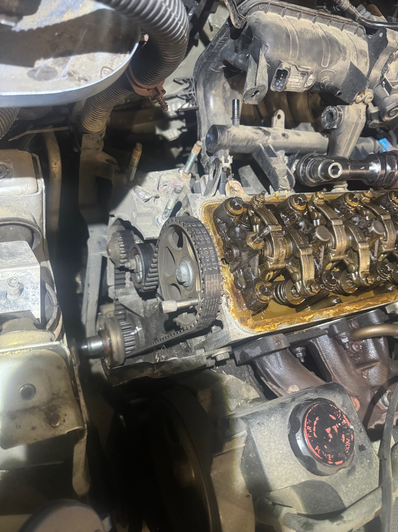 Otwarty silnik samochodowy z widocznym paskiem rozrządu, wałkami rozrządu i innymi elementami wewnętrznymi, pokrytymi olejem. Widoczny brud i zużycie na komponentach.