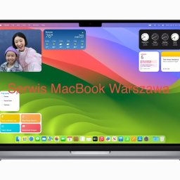 Serwis telefonów Warszawa - Ekran MacBooka Pro wyświetlający pulpit systemu macOS Sonoma z widgetami pogodowymi, zegarami światowymi, kalendarzem i aplikacjami w docku. W lewym górnym rogu widoczny widget ze zdjęciem kobiety...