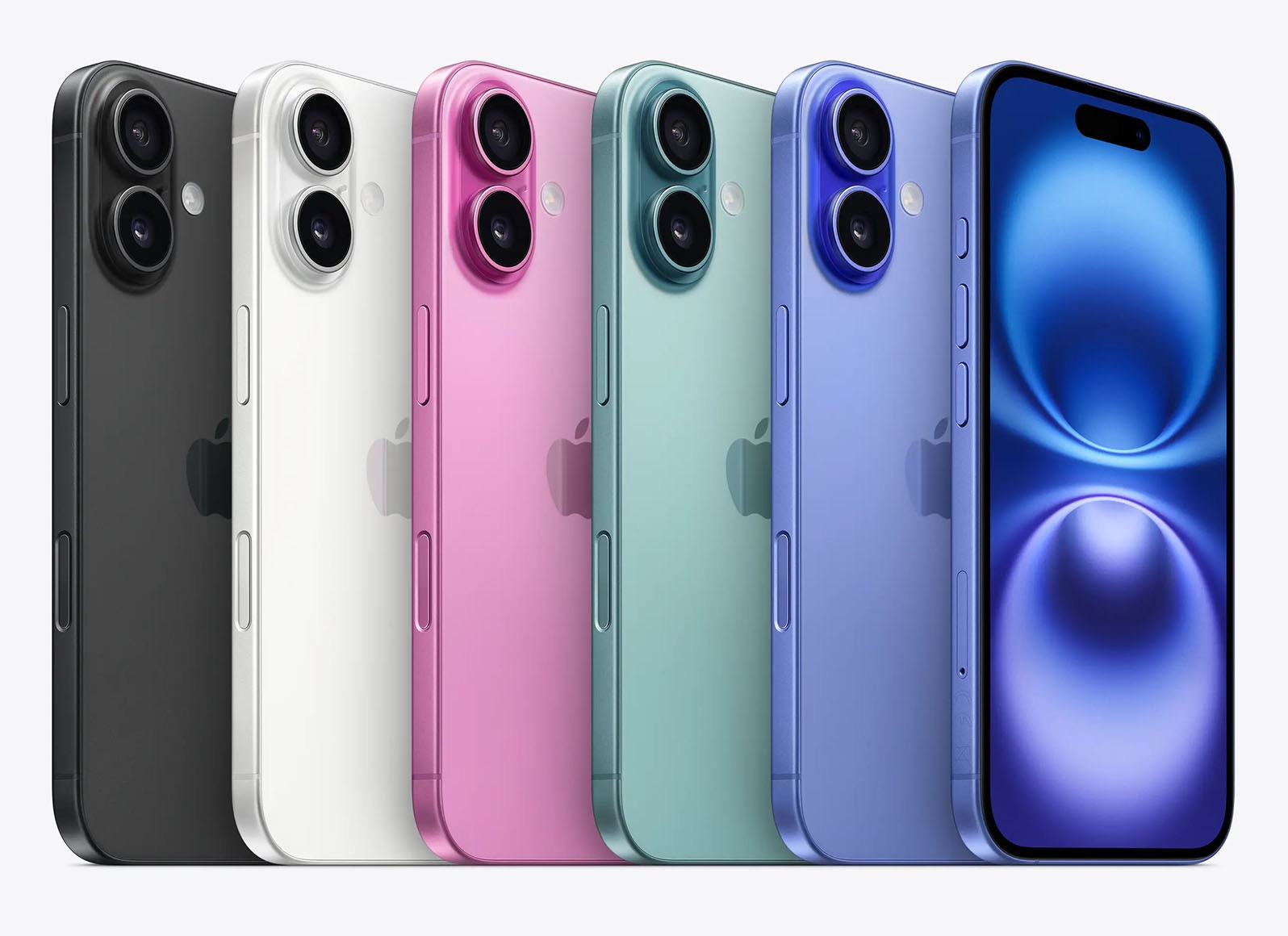 Rząd pięciu smartfonów w różnych kolorach (czarny, biały, różowy, zielony, fioletowy) ustawionych obok siebie, prezentujących swoje tylne obudowy i jeden z włączonym ekranem z abstrakcyjnym...