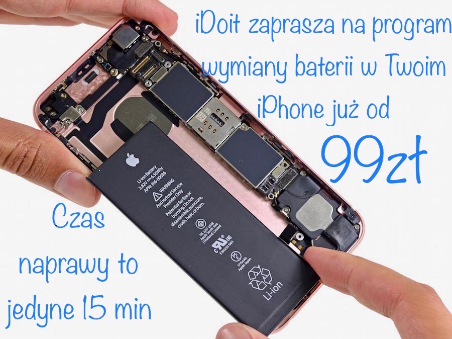Wymiana baterii w iPhonie, widoczny otwarty smartfon z nową baterią w dłoni, informacja o czasie naprawy i cenie.