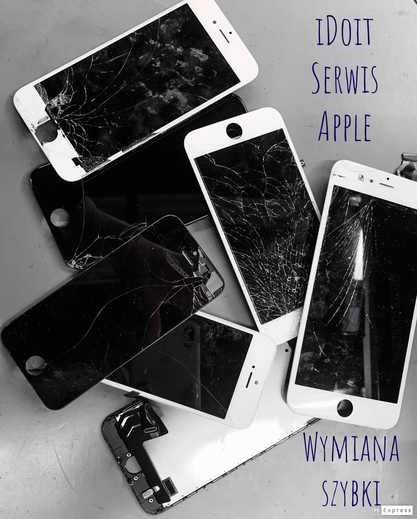 Stos potłuczonych ekranów iPhone na szarym tle warsztatowym, z widocznymi pęknięciami i uszkodzeniami, obok rozłożony smartfon z widocznymi elementami wewnętrznymi.