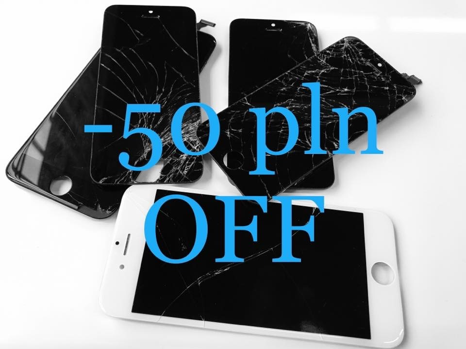 Uszkodzone ekrany smartfonów z napisem '-50 pln OFF'. Pęknięcia na wyświetlaczach tworzą pajęczynę. Jeden z telefonów jest biały, pozostałe czarne.