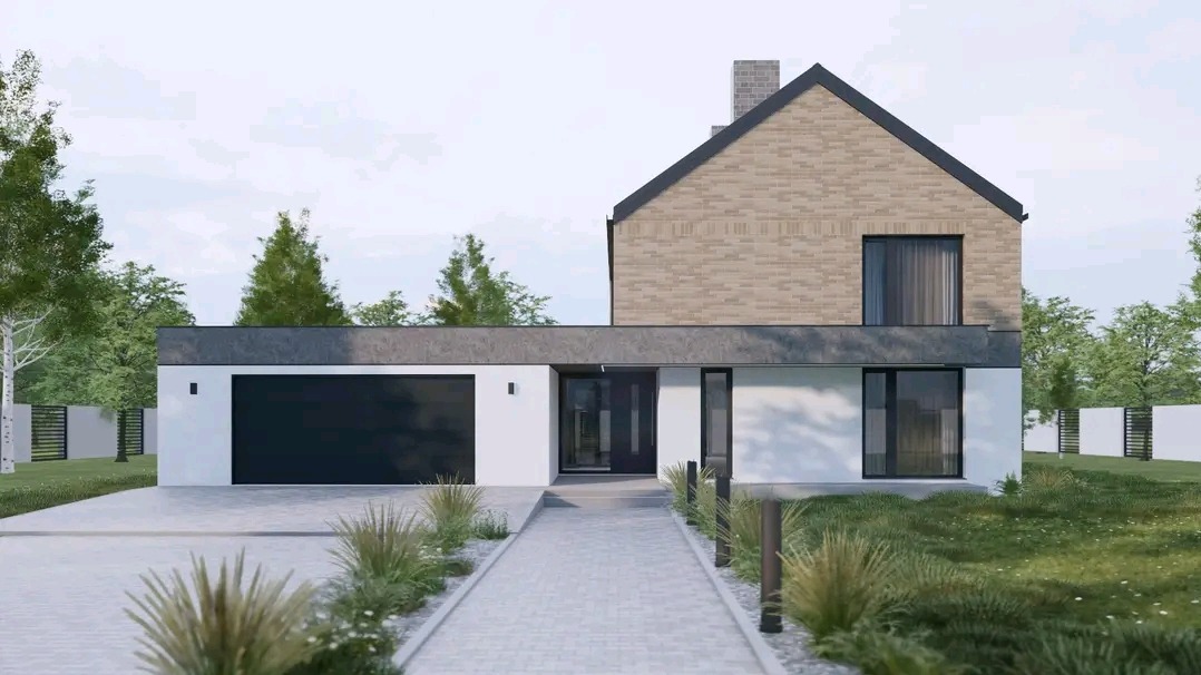 Wizualizacja nowoczesnego domu jednorodzinnego z płaskim dachem nad garażem i ceglaną elewacją drugiego piętra, otoczonego zielenią i ścieżką z kostki brukowej.
