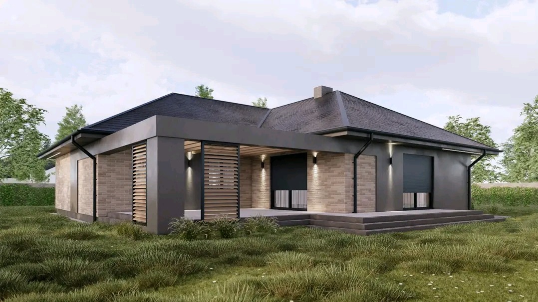 Wizualizacja parterowego domu z płaskim dachem i elewacją z cegły klinkierowej, z drewnianymi żaluzjami i roletami zewnętrznymi, otoczonego zielenią.