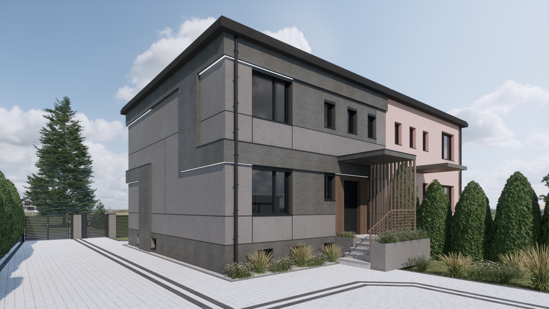 Wizualizacja dwukondygnacyjnego domu z elewacją w odcieniach szarości, z elementami dekoracyjnymi w postaci subtelnych linii świetlnych, otoczonego zielenią i brukowanym podjazdem.