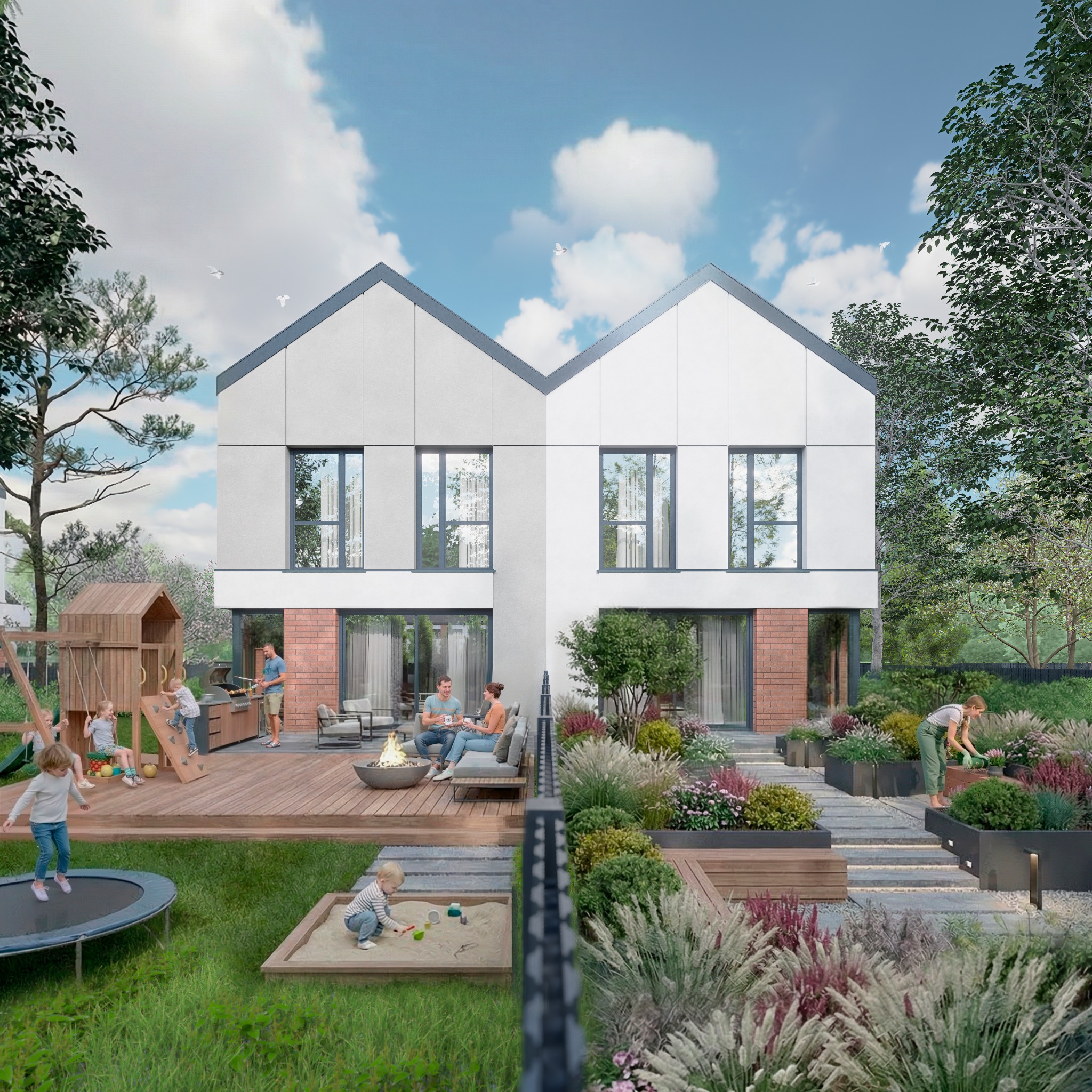 Nowoczesny dom bliźniak z białymi elewacjami i strefą relaksu na zewnątrz: taras z grillem, plac zabaw dla dzieci, zadbany ogród z kwiatami i ozdobnymi trawami.