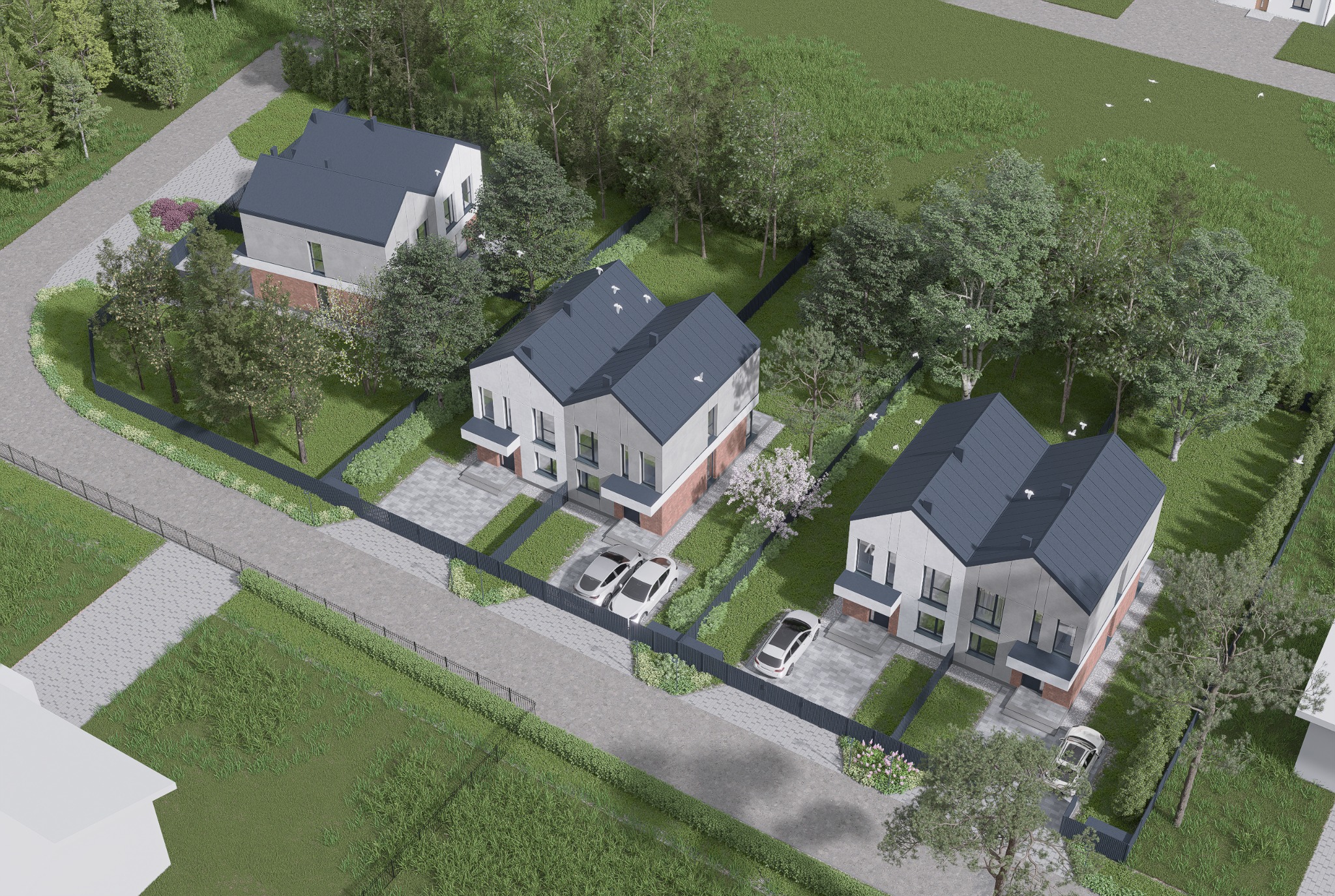 Wizualizacja osiedla domów jednorodzinnych z szarymi dachami, widziana z lotu ptaka. Domy otoczone zielenią, z podjazdami i samochodami. Nowoczesna architektura.