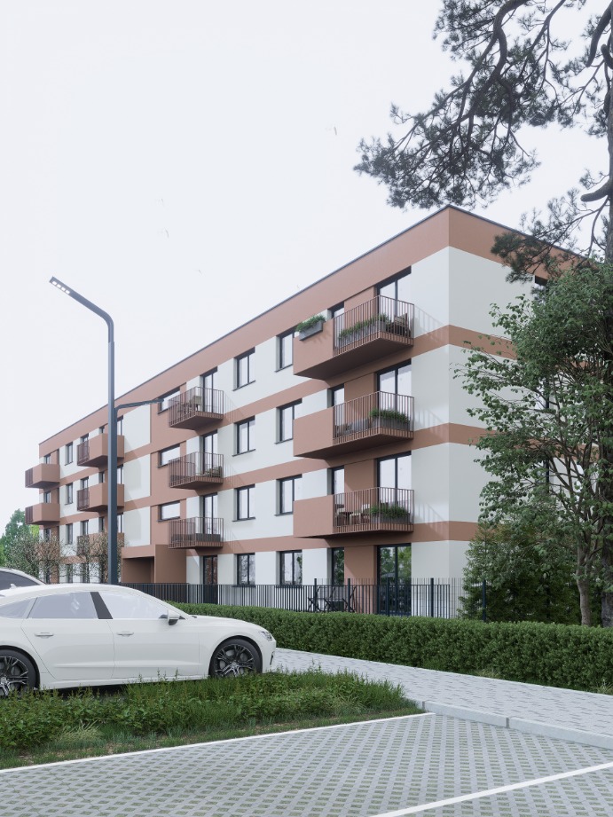 Wizualizacja budynku wielorodzinnego z balkonami, w odcieniach bieli i beżu, z zaparkowanym samochodem na pierwszym planie i zielenią w tle. Ujęcie z niskiego kąta.