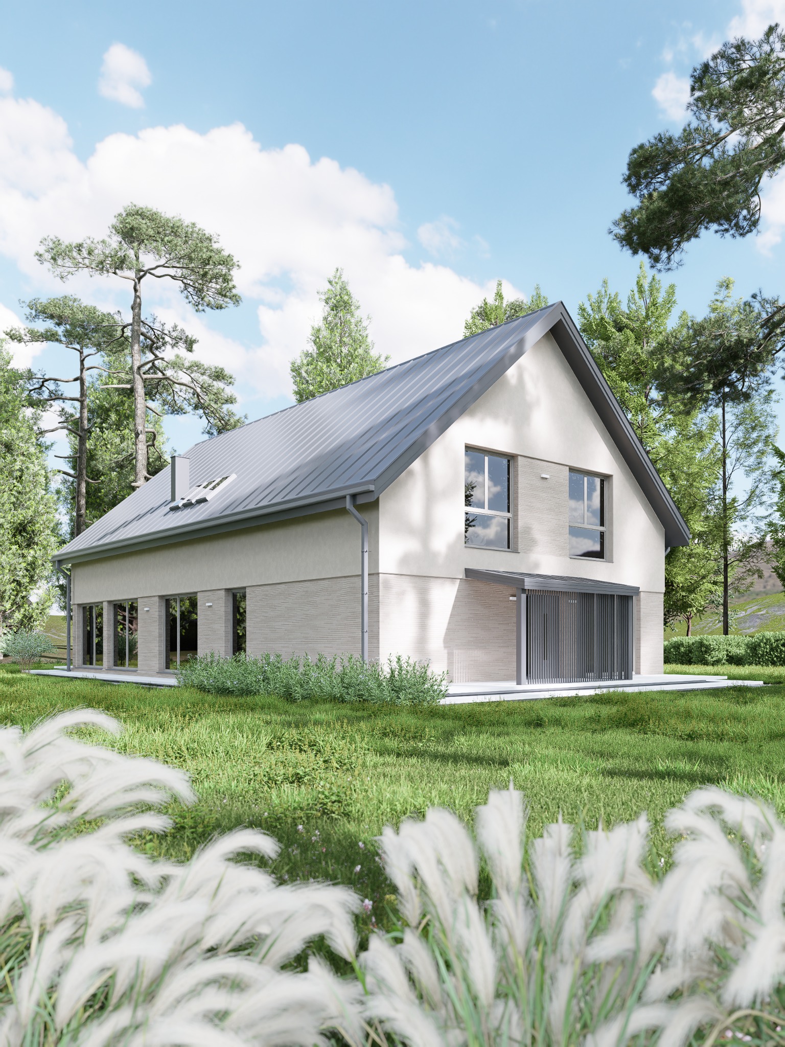 Wizualizacja domu jednorodzinnego z szarą dachówką, jasną elewacją i dużymi oknami, otoczonego zielenią. Ujęcie z poziomu trawy, z widocznymi trawami na pierwszym planie.