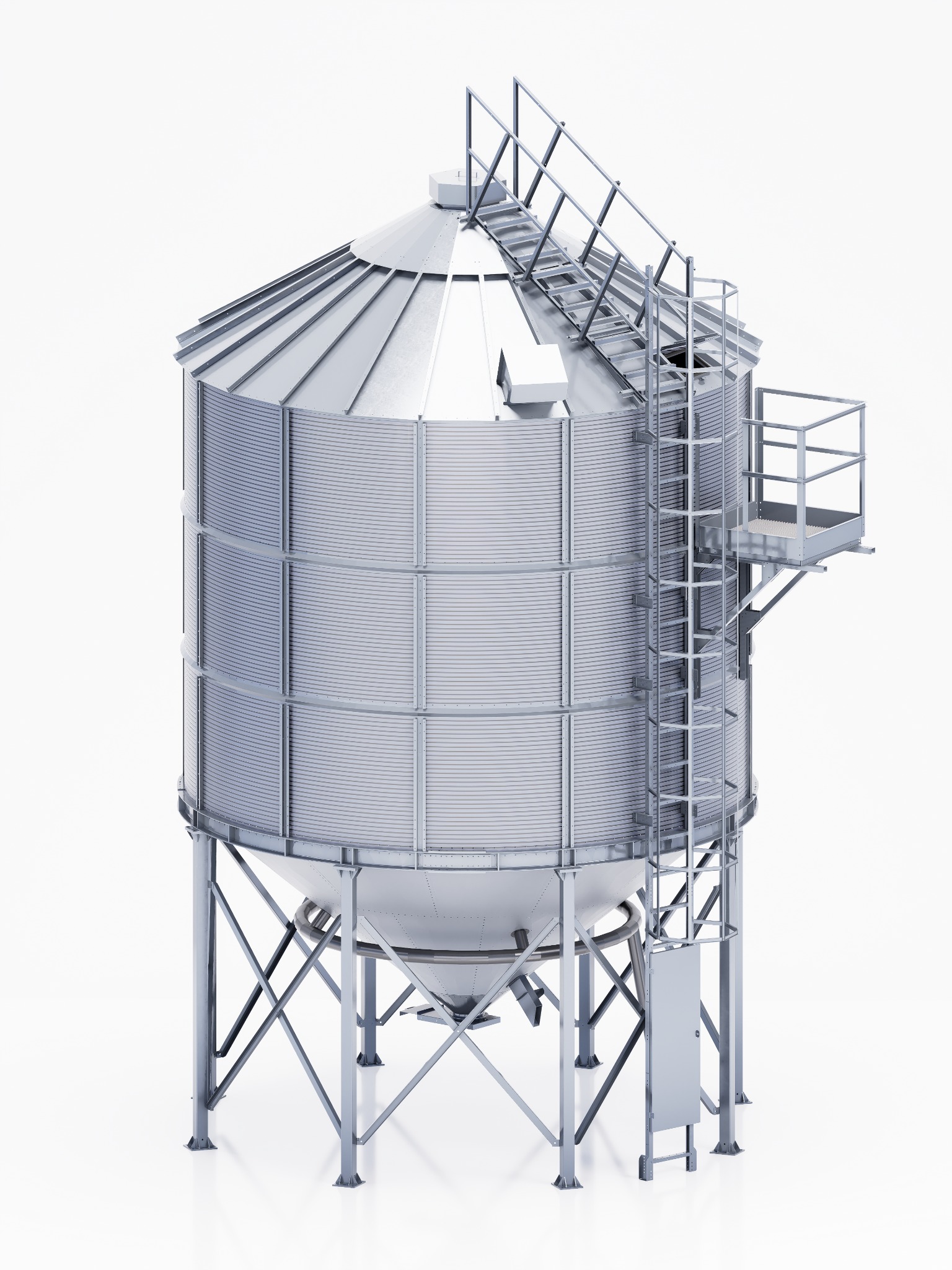 Wizualizacja 3D metalowego silosu zbożowego z drabiną i platformą, na białym tle. Realistyczny rendering z widocznymi detalami konstrukcyjnymi.