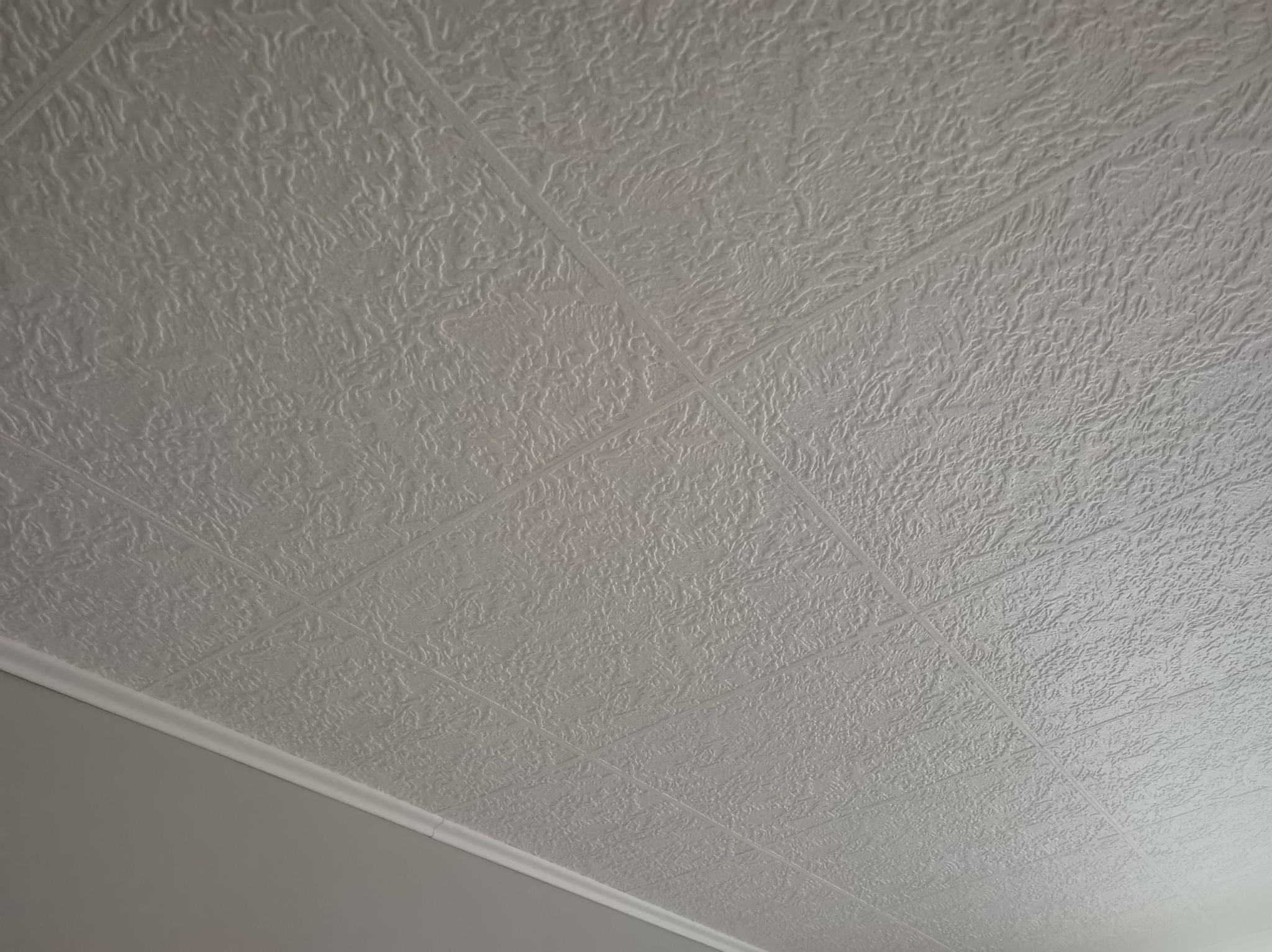 Biały sufit kasetonowy z wyraźną fakturą, widziany pod kątem, z fragmentem listwy przypodłogowej w dolnej części kadru. Delikatne oświetlenie podkreśla wzór.