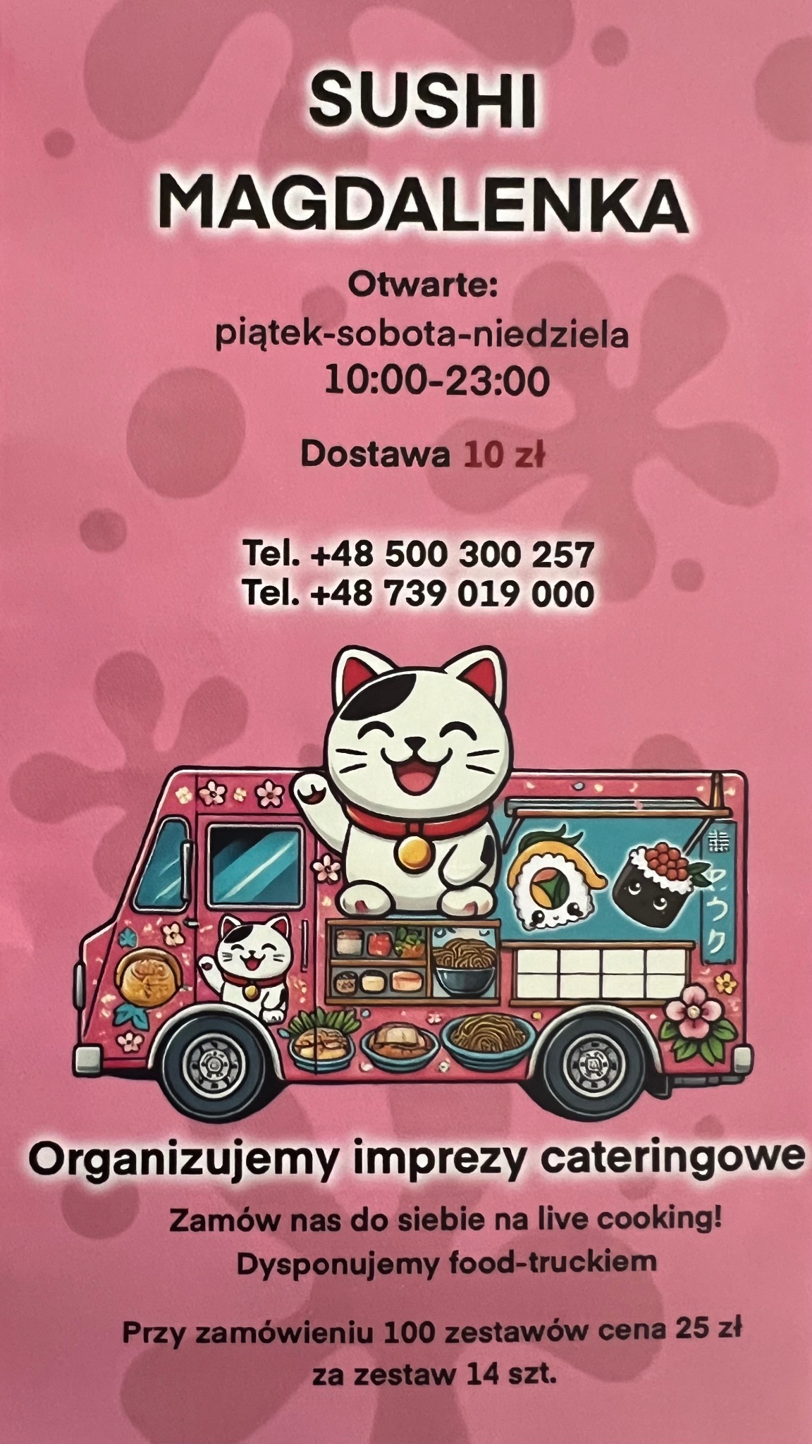 Różowy plakat reklamowy sushi z food truckiem w Stefanowie, otwarty w piątek-sobota-niedziela, oferujący dostawę i organizację imprez cateringowych.