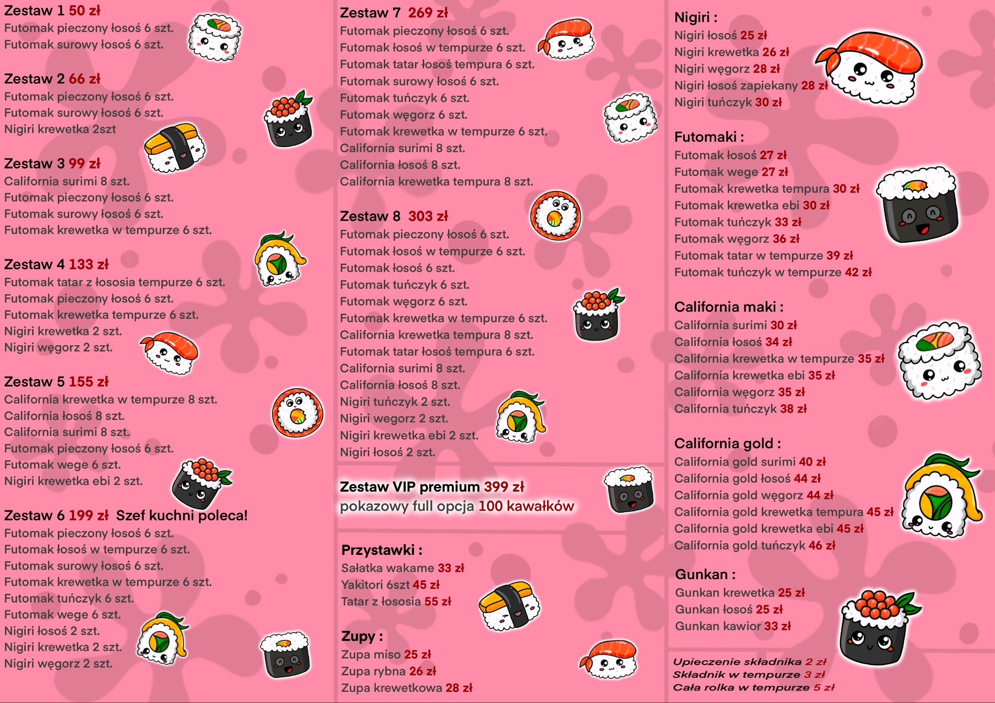 Ilustracja menu restauracji sushi z różnymi zestawami i pojedynczymi rolkami, każda z uroczą twarzą w stylu kreskówki, na różowym tle w kwiaty.