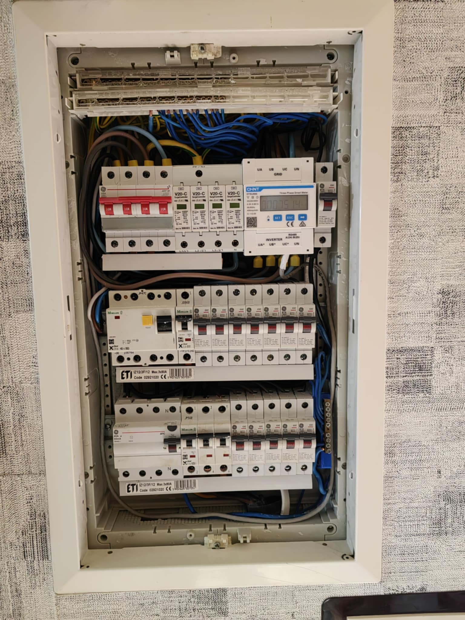 Rozdzielnica elektryczna w białej obudowie, widoczne zabezpieczenia różnicowoprądowe, bezpieczniki, listwy zaciskowe i licznik energii elektrycznej CHNT, okablowanie w kolorach niebieskim, brązowym...