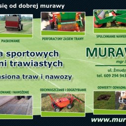 JACEK KULPEKSZA MURAWA-SPORT - Ulotka reklamowa firmy Murawa-Sport prezentująca usługi renowacji sportowych nawierzchni trawiastych, w tym układanie i sprzedaż trawy, piaskowanie, perforacyjny zasiew, spulchnianie, wertykulację,...
