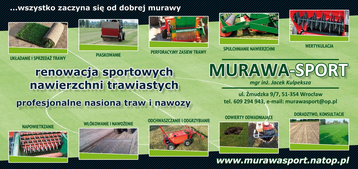 Ulotka reklamowa firmy Murawa-Sport prezentująca usługi renowacji sportowych nawierzchni trawiastych, w tym układanie i sprzedaż trawy, piaskowanie, perforacyjny zasiew, spulchnianie, wertykulację,...