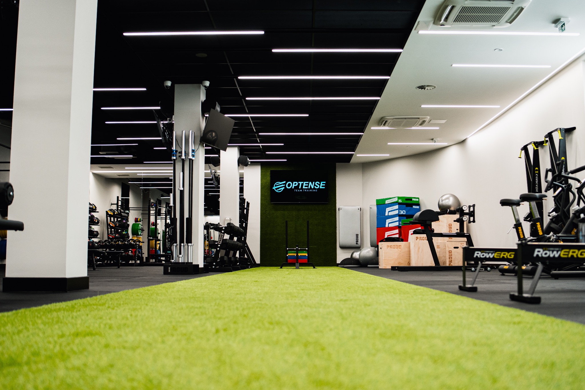 Nowoczesna siłownia z zieloną sztuczną trawą, sprzętem do ćwiczeń siłowych i ergometrami wioślarskimi RowErg, ściana z logo Optense Team Training.