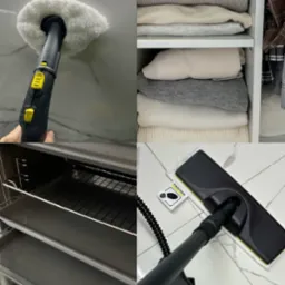 Kolaż przedstawiający czyszczenie parowe powierzchni, uporządkowane ubrania w szafie i wnętrze piekarnika z wysuwaną blachą.