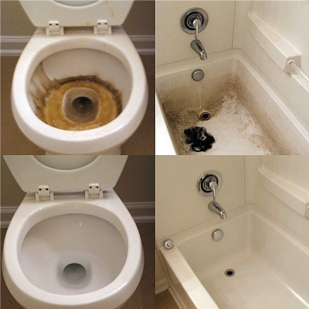 Kolaż przedstawiający toaletę i wannę przed i po czyszczeniu. Górny rząd ukazuje silne zabrudzenia i osady, dolny rząd prezentuje te same powierzchnie po usunięciu zabrudzeń, ukazując efekt czystości.